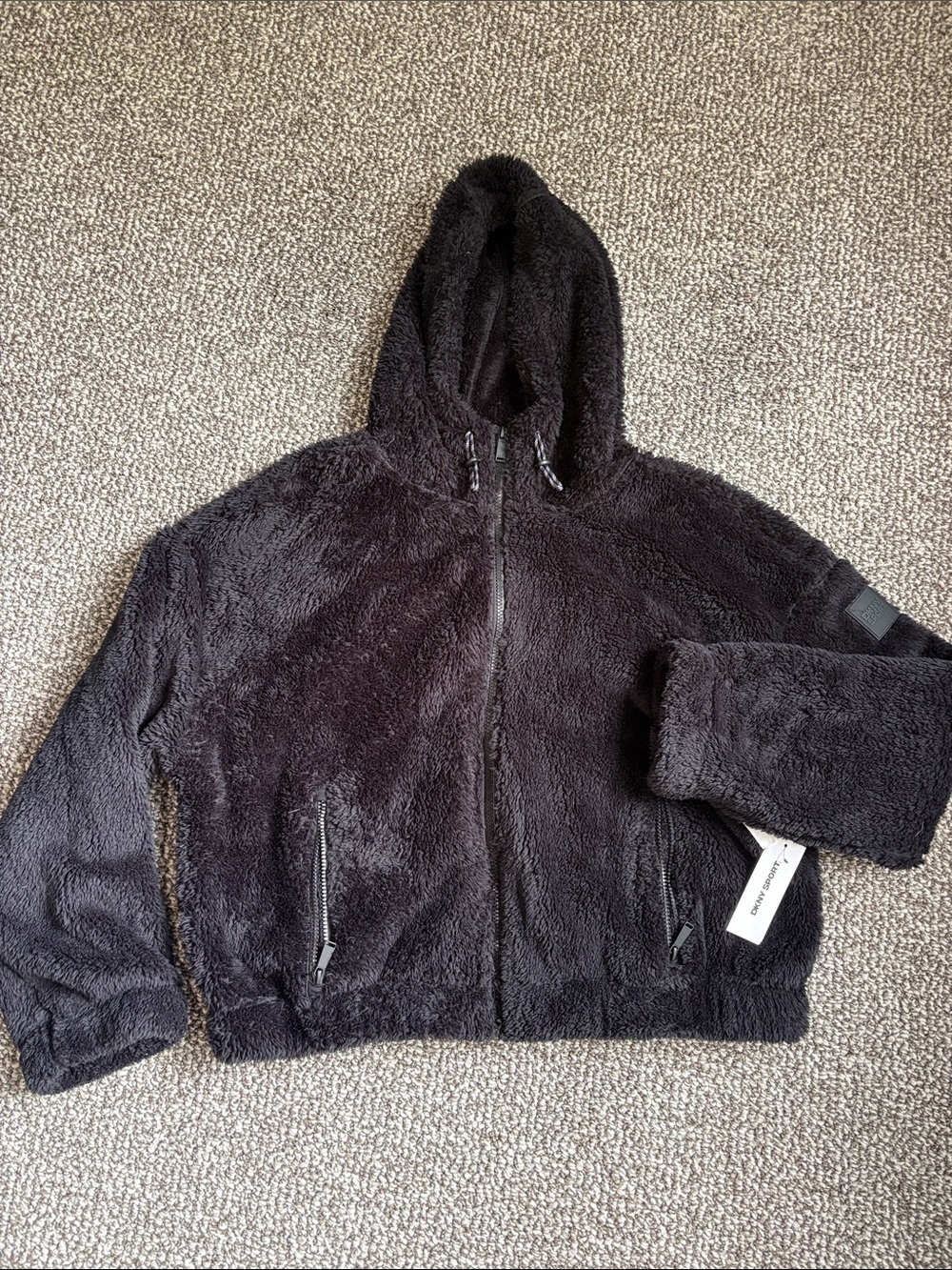 DKNY Black Plush Teddy Jacket with Hood